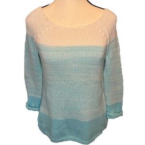 Lilly Pulitzer Nantucket TEAL & WHITE 3/4 Sleeve Scoop Neck Sweater Beachy SZ S
